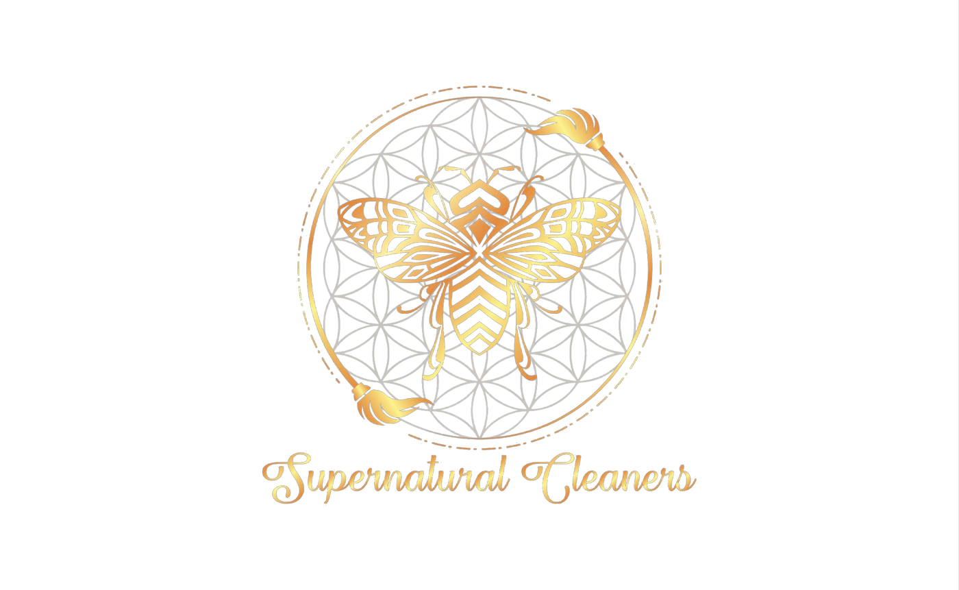 Supernatural Cleaners — golden bee inside the flower of life with crossed brooms